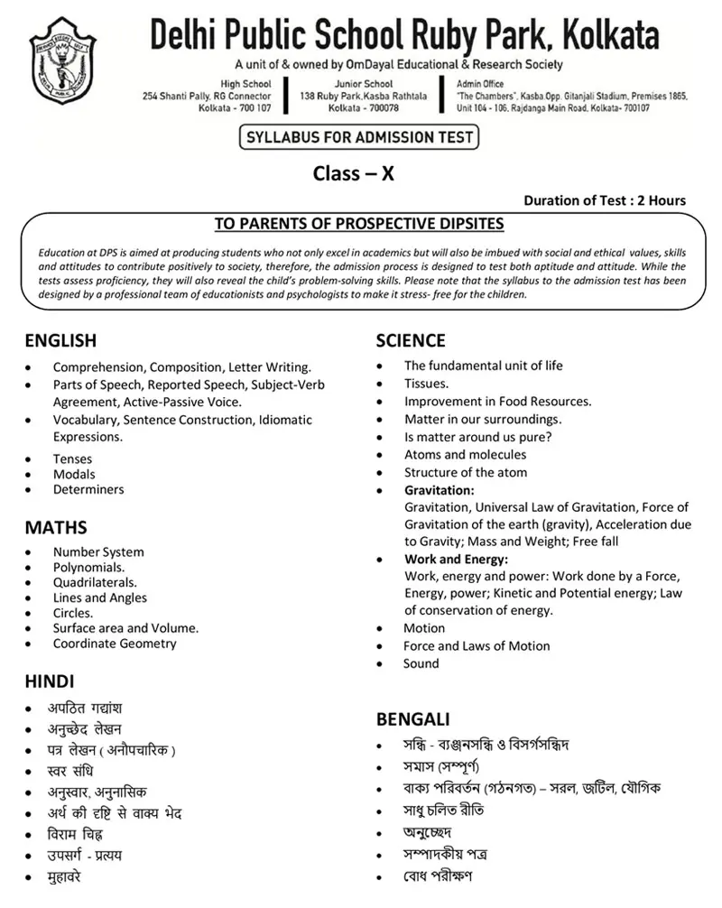 Syllabus for Assessment, Class-X, 2026-27