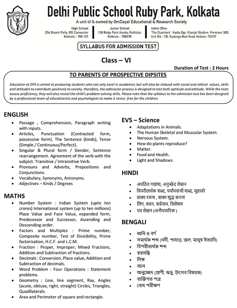 Syllabus for Assessment, Class-VI, 2026-27