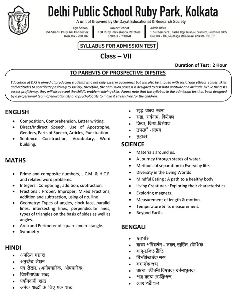 Syllabus for Assessment, Class-VII, 2026-27