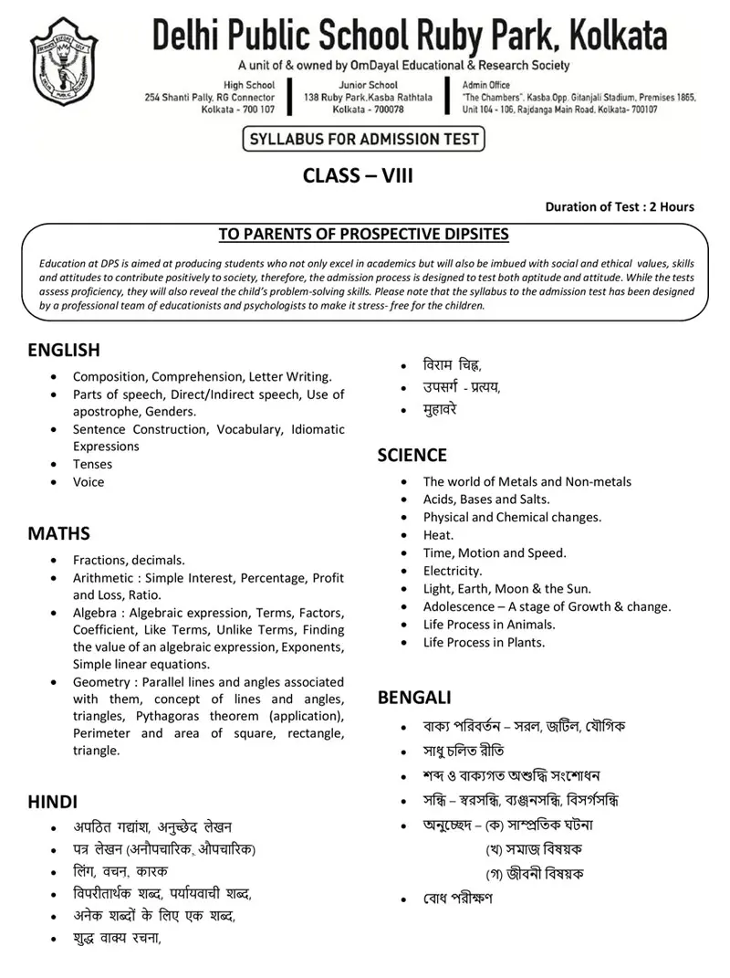 Syllabus for Assessment, Class-VIII, 2026-27